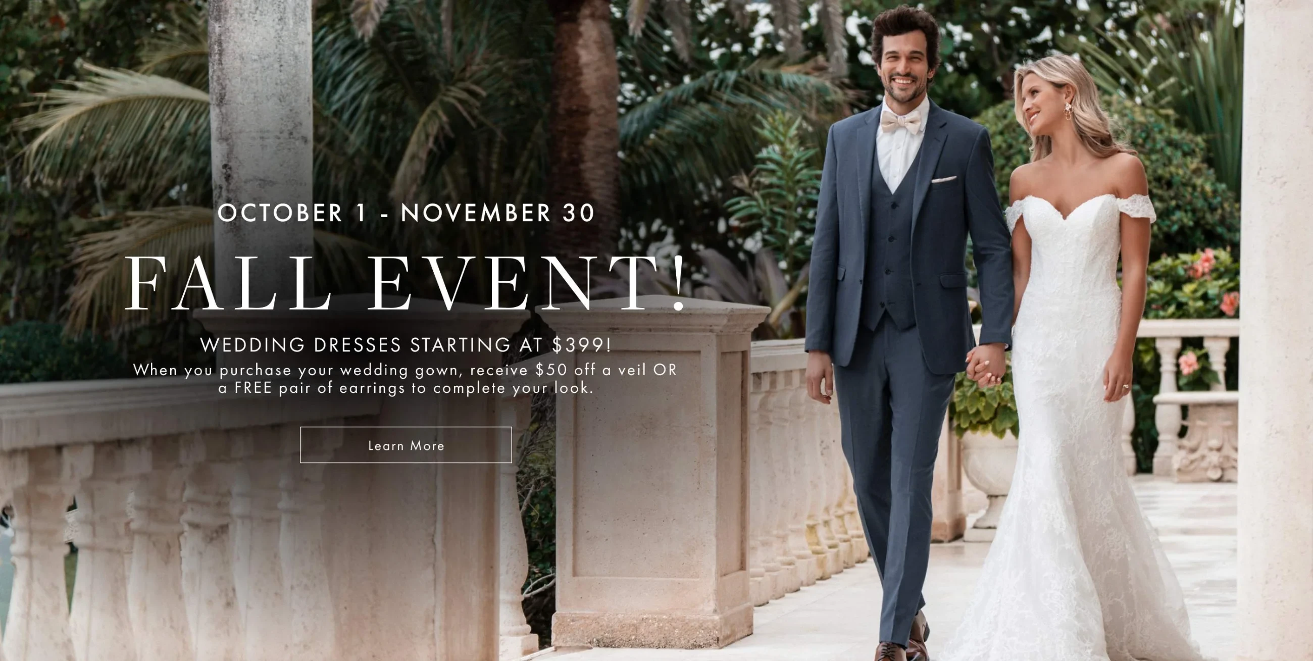 Fall Event banner, model wearing Allure Bridals A1355 bridal gown, desktop banner