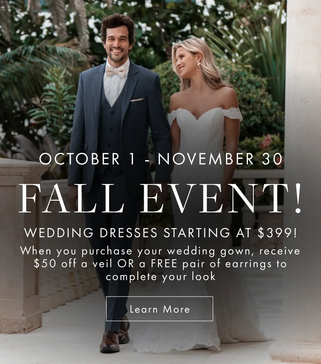 Fall Event banner, model wearing Allure Bridals A1355 bridal gown, mobile banner